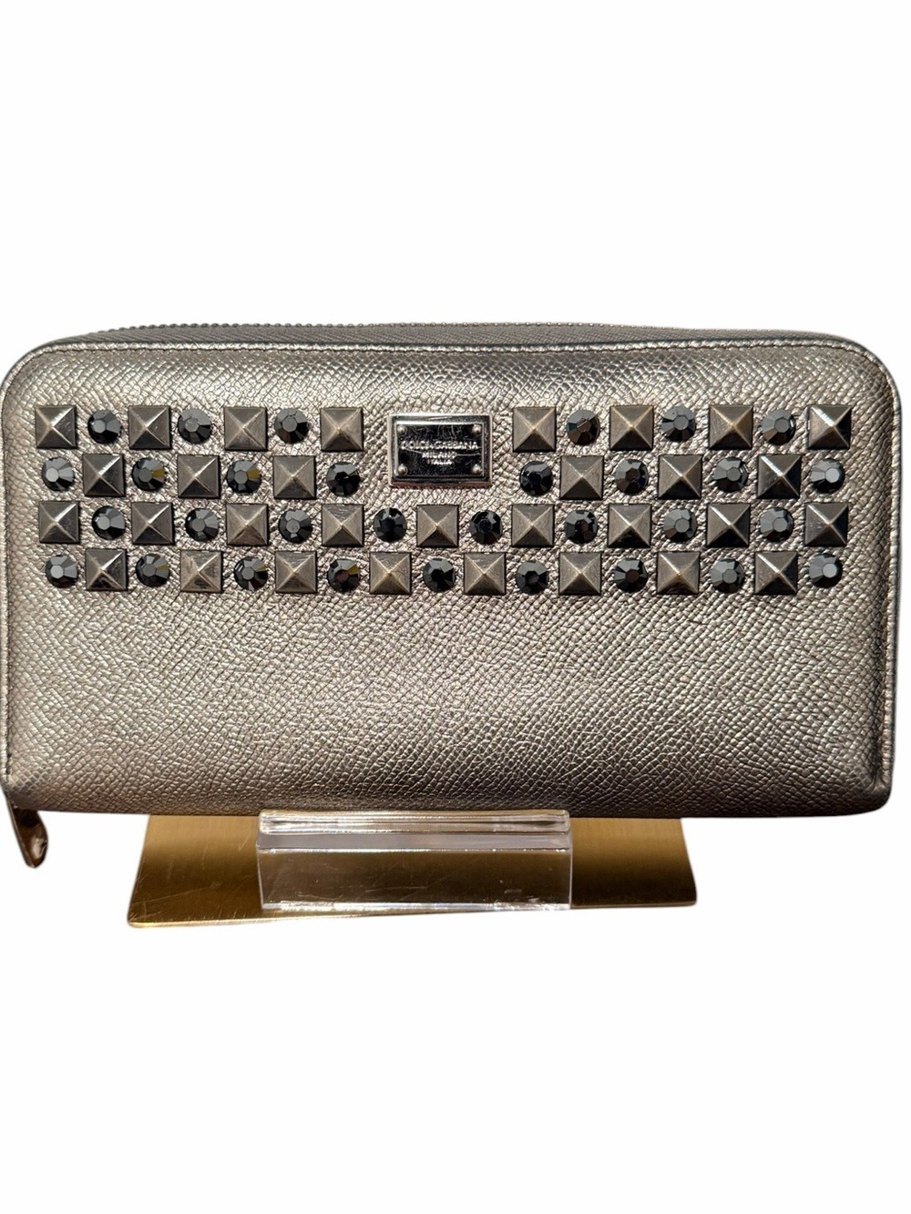 Dolce & Gabbana White Silver Leather Studded Wallet.